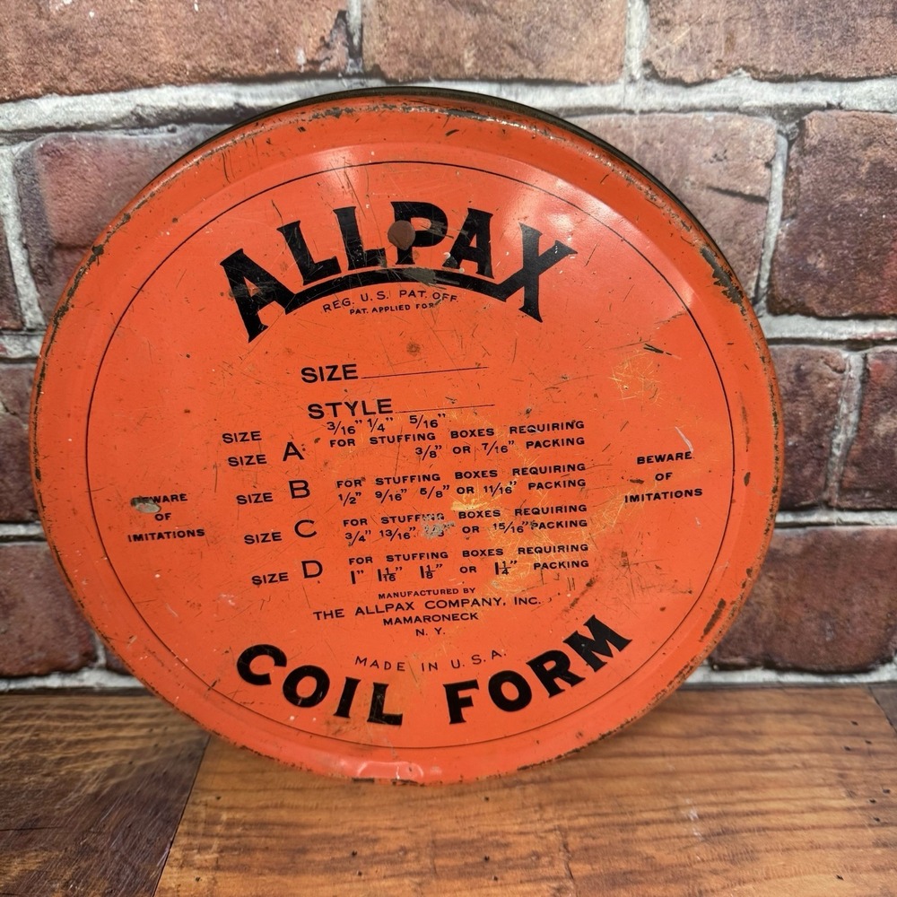 Vintage ALLPAX Coil Form Empty Metal Tin Container Industrial Decor 10" MCM